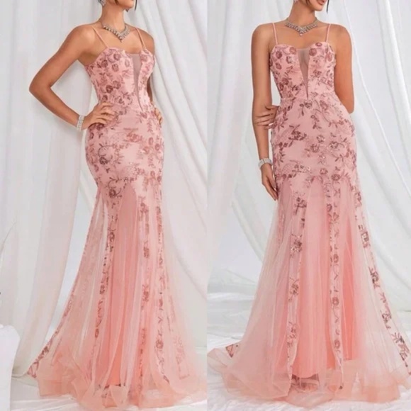 Luxe Floral Sequin Mesh Mermaid Hem Party Wedding Prom Dress